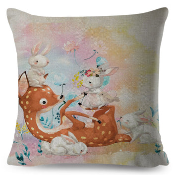 Nordic Water Color Cute Fox Bear Pillow Case Decor Cartoon Animal Cushion Cover