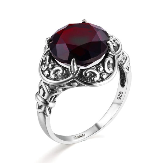 Byzantine Style Garnet 925 Sterling Silver Engagement Ring