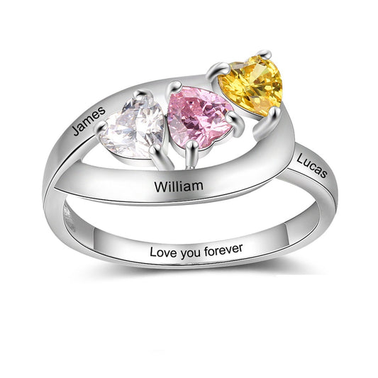 Personalized Name 925 Sterling Silver Engrave 3 Heart Birthstones Ring