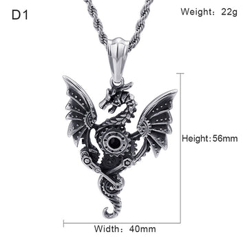 Retro Zodiac Dragon Big Wings Gear Stainless Steel Vintage Necklace