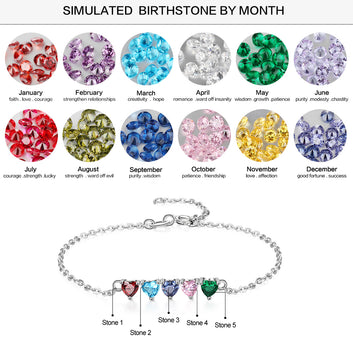 Personalized Custom 5 Heart Birthstones Adjustable Customized Bracelet
