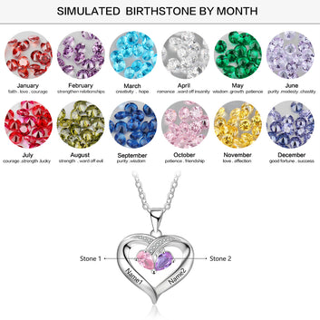 Personalized Birthstone Heart Necklace with Engraving Names 925 Sterling Silver Necklace