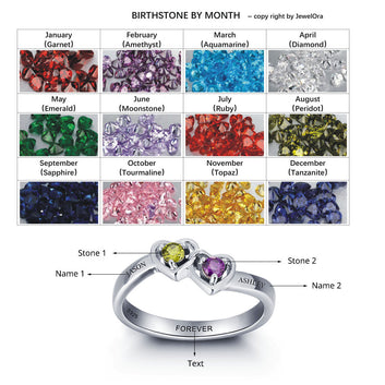 Personalized Engrave Birthstone Heart 12 Colors Stone Classic Cubic Zirconia Ring