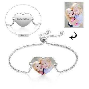 Customized Photo Engrave Name Personalized Stainless Steel Heart Adjustable Bracelet