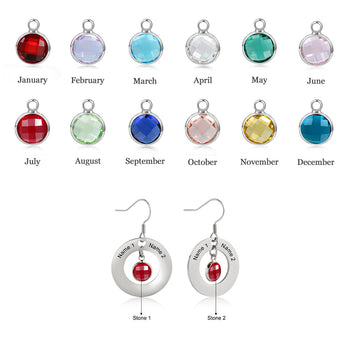 Personalized Circle 2 Birthstones Customize Engraved Name Dangle Drop Earrings