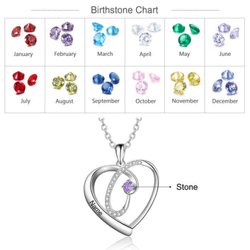 Personalized 12 Colors Birthstone Necklaces for Women Customized Name Engraved Heart Pendant Necklace