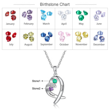 Romantic Personalized Name Heart Pendant with 2 Inlaid Birthstones Customized Engraving Couple Necklace