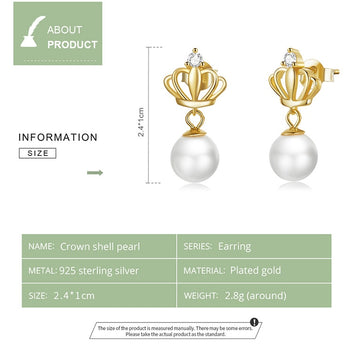 925 Sterling Silver Crown Quality Shell Pearl Drop Earrings
