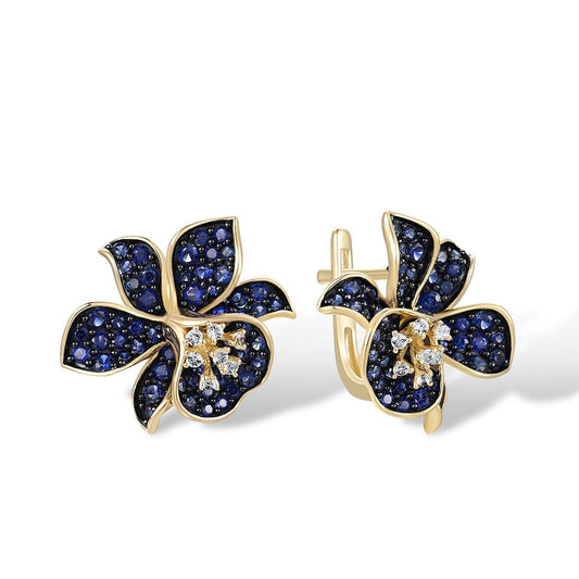9K 375 Yellow Gold Sparkling Sapphire White Topaz Blue Lily Flower Jewelry