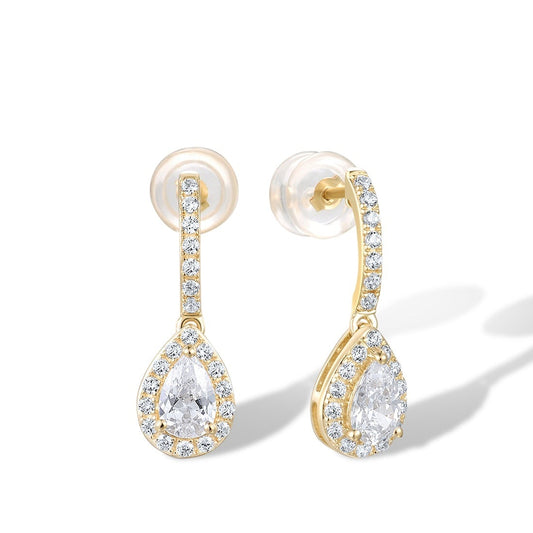 9K 375 Yellow Gold Earrings Women Sparkling Pear White Cubic Zirconia Earrings