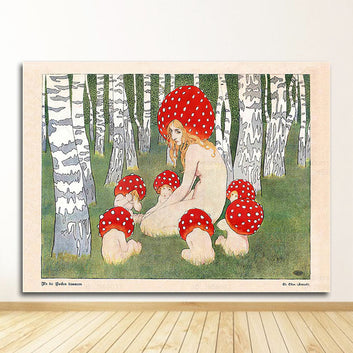 Art Woodland Decor Antique Forest Canvas Print Painting Mother Mushroom with Her Children Vintage Art print Poster Mushroom Wall