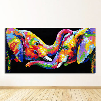 Canvas Paintings Wall Art Posters and Prints Couple Elephants Pictures for Living Room Decor Abstract Animals Colorful Elephant