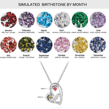 Personalized 925 Sterling Silver 2 Birthstone Necklace Pendants Engraved Heart BirthStones Necklace