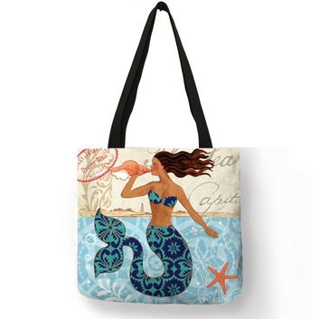 Casual Linen Sea Beach Mermaid Print Totes Handbag