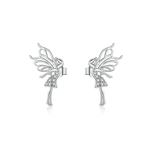 925 Silver Dancing Fairy with Wings Stud Earrings