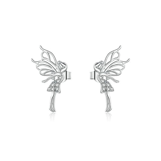 925 Silver Dancing Fairy with Wings Stud Earrings