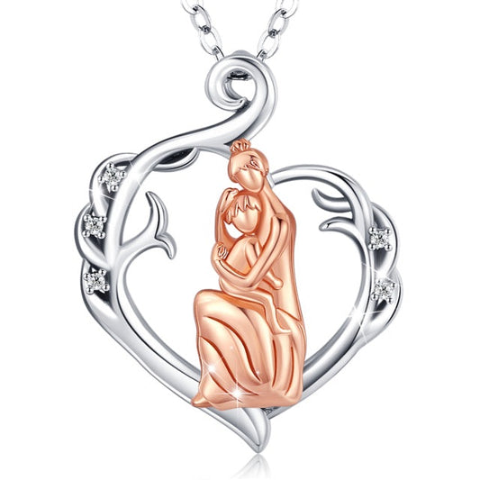 Collar con colgante de corazón puro de plata 925 para madre e hija en oro rosa.