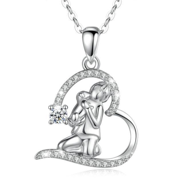 925 Sterling Silver Angel Girl Hug Dog Pendant Heart Crystal Necklace