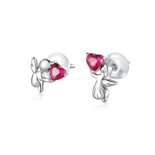 925 Sterling Silver Angel with Heart Stud Earrings