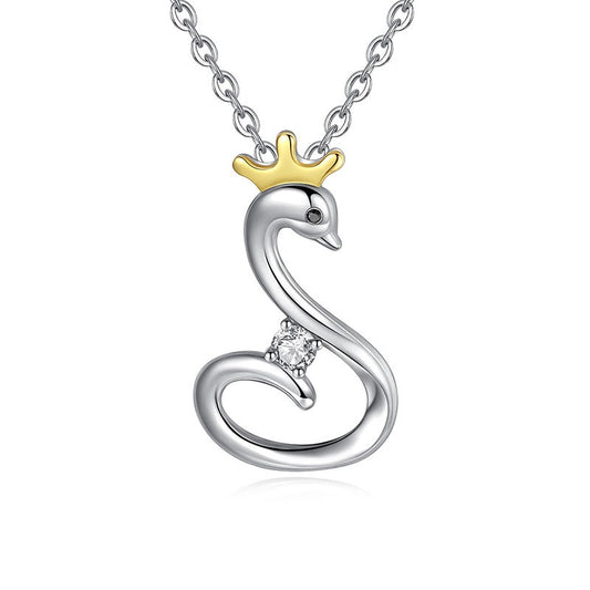 Collar con colgante de cisne animal en plata de ley 925 con corona dorada