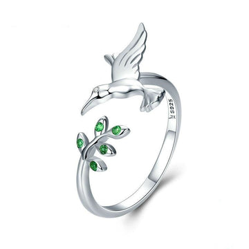 925 Sterling Silver Bird Spring Tree Leaves Open Size Ring