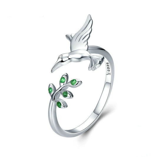 Anillo abierto de plata de ley 925 con diseño de pájaro, hojas de árbol y primavera