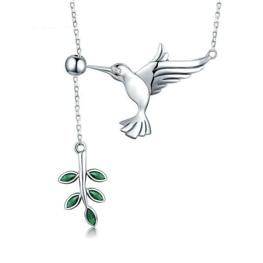 Collar de plata de ley 925 con hojas de árbol y pájaro