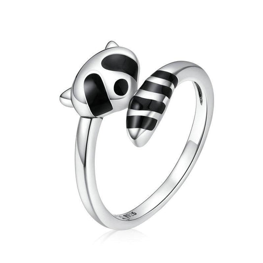 925 Sterling Silver Black Enamel Raccoon Ring