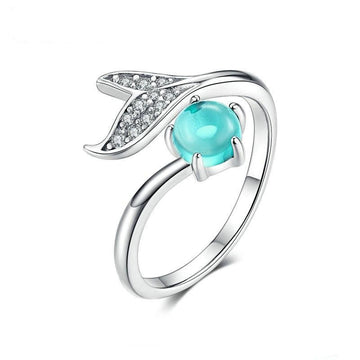 925 Sterling Silver Blue Ocean Stone Tear Fish Tail Ring