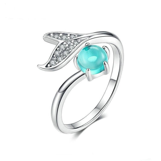 925 Sterling Silver Blue Ocean Stone Tear Fish Tail Ring