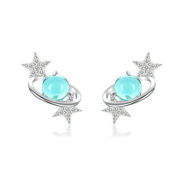 925 Sterling Silver Blue Planet Star Stud Earrings