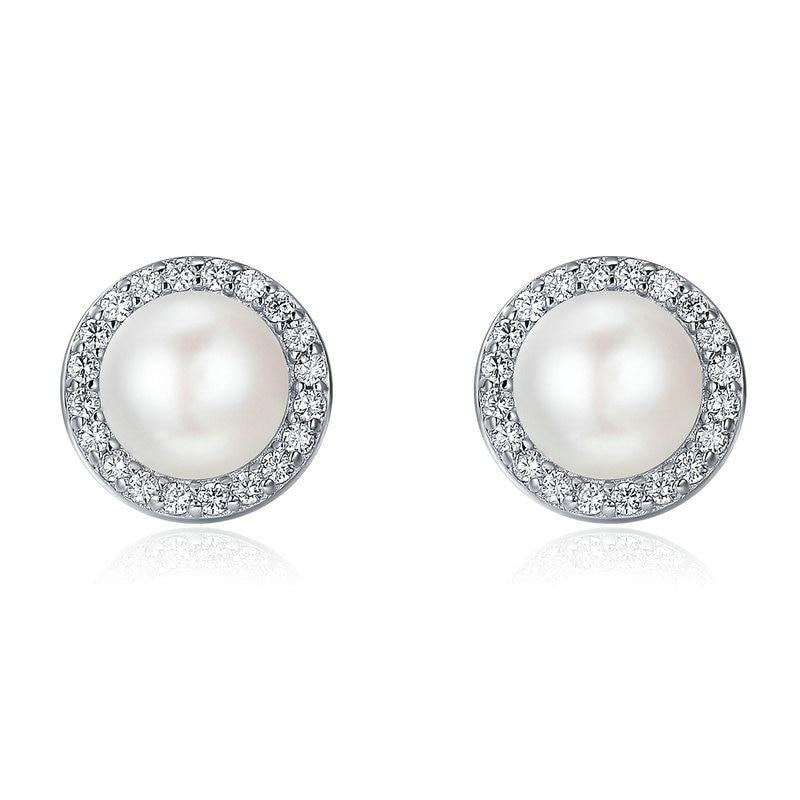 925 Sterling Silver Classic Round Sparkling Fresh Water Pearl Stud Earrings