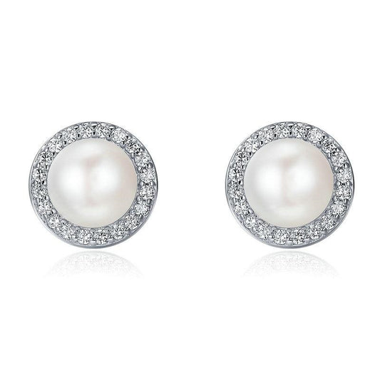 925 Sterling Silver Classic Round Sparkling Fresh Water Pearl Stud Earrings