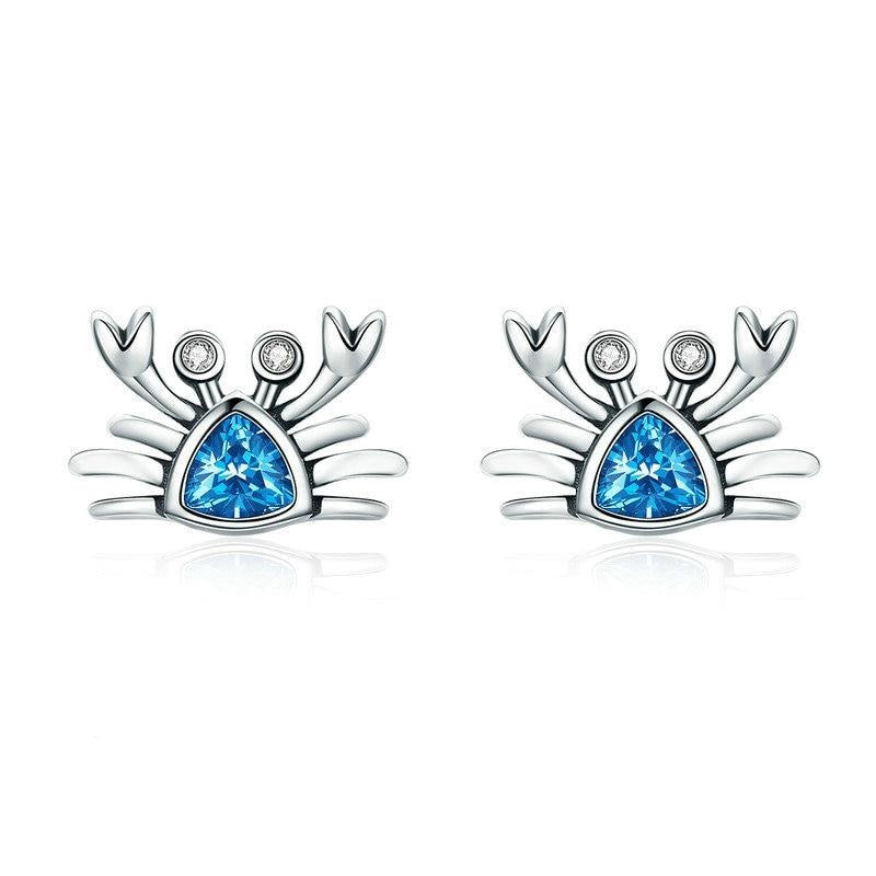 925 Sterling Silver Cute Ocean Crab Blue Stud Earrings