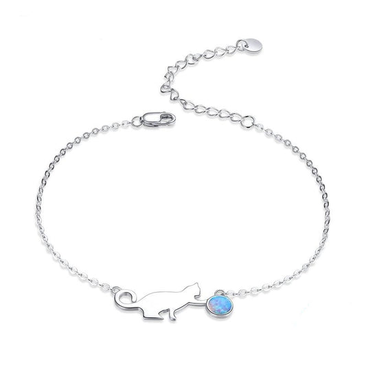 925 Sterling Silver Cute Pussy Cat Opal Link Bracelet