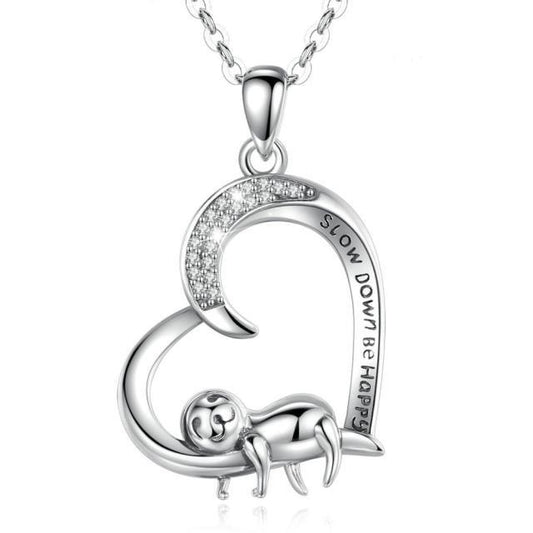 925 Sterling Silver Cute Slow Crystal Heart Sloth Pendant  Necklace