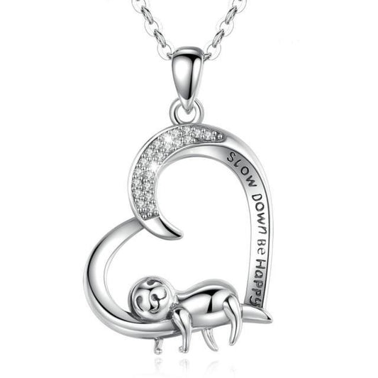 925 Sterling Silver Cute Slow Crystal Heart Sloth Pendant Necklace