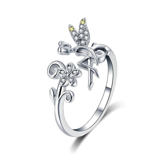Anillo abierto con flor de margarita y hada en plata de ley 925