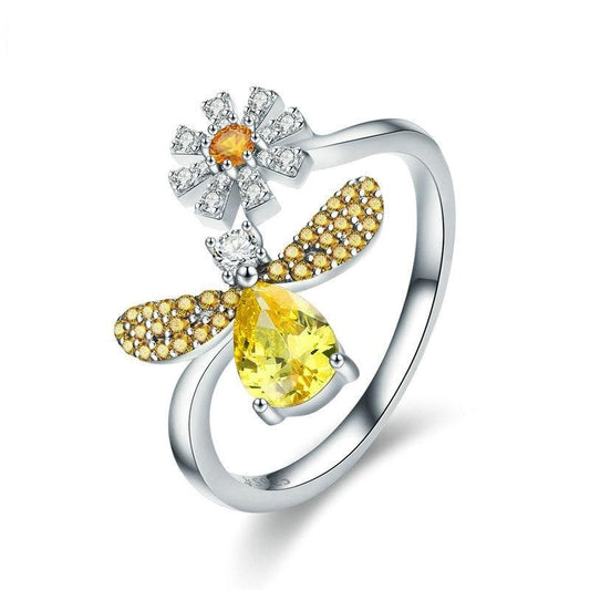 Anillo de abeja con margarita en plata de ley 925