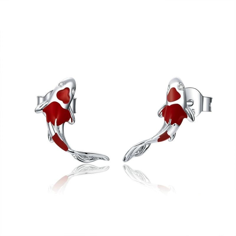 925 Sterling Silver Fish Red Enamel Stud Earrings