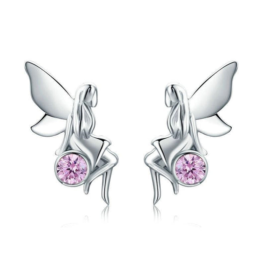 925 Sterling Silver Flower Fairy Pink Stud Earrings