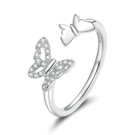 925 Sterling Silver Flying Butterflies Open Adjustable Ring