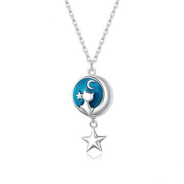 925 Sterling Silver Geometric Moon Cat Pendant Necklace for Women