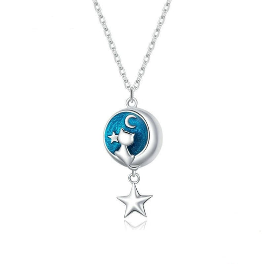 925 Sterling Silver Geometric Moon Cat Pendant Necklace