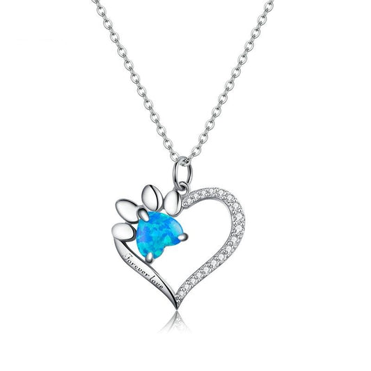 Collar deslumbrante con huella de corazón y pata azul en plata de ley 925