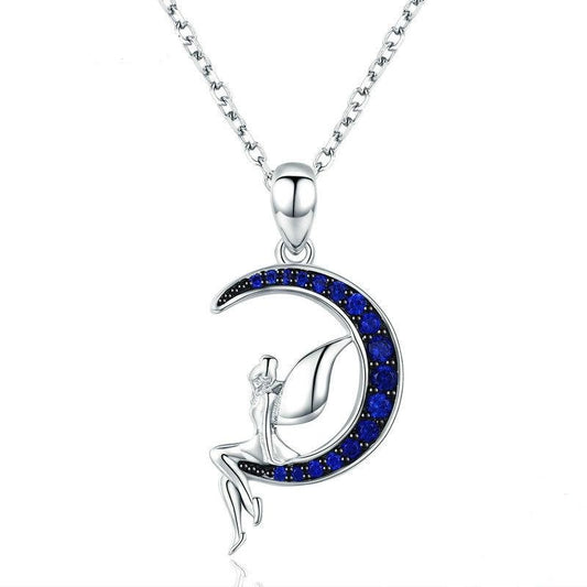 925 Sterling Silver Lucky Fairy in Blue Moon Pendant Necklaces