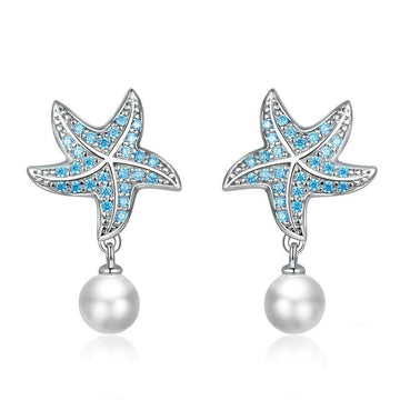925 Sterling Silver Ocean Blue Starfish Pearl Stud Earrings