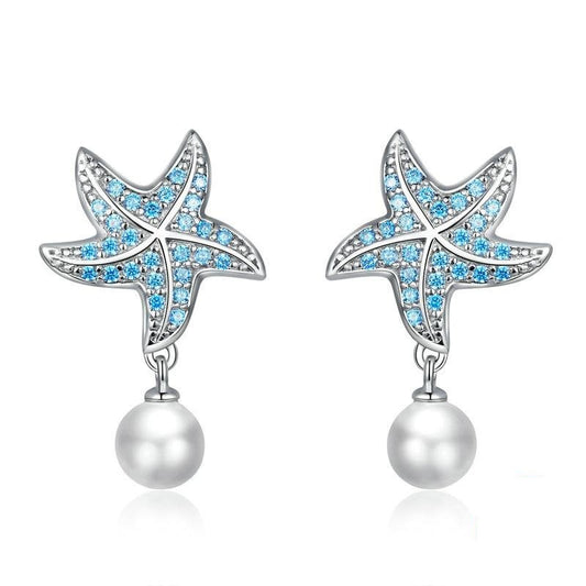 925 Sterling Silver Ocean Blue Starfish Pearl Stud Earrings