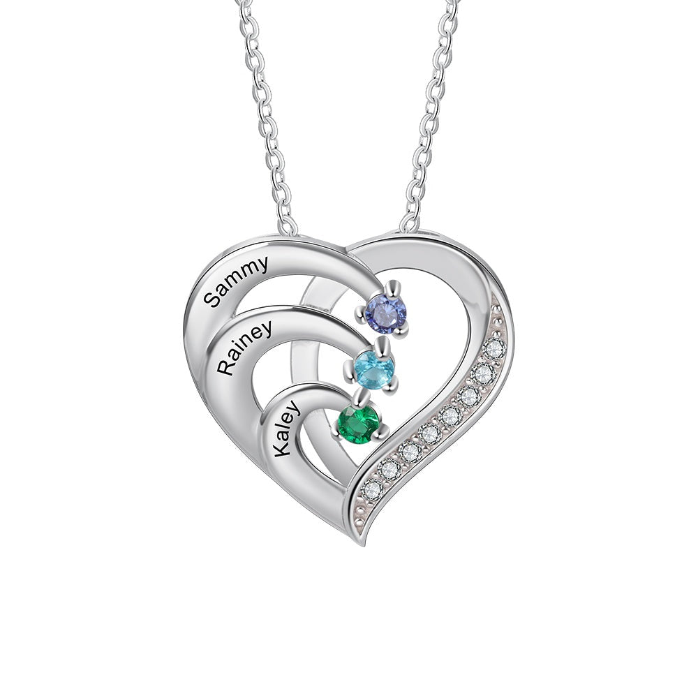 925 Sterling Silver Personalized Family Name Heart Necklaces Customized Birthstone Engraving Necklace