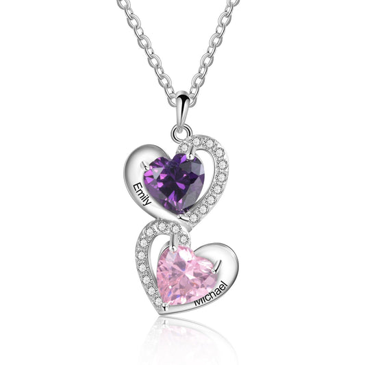 925 Sterling Silver Personalized Heart Necklace with 2 Birthstone Cubic Zirconia Custom Name Engraved Necklace
